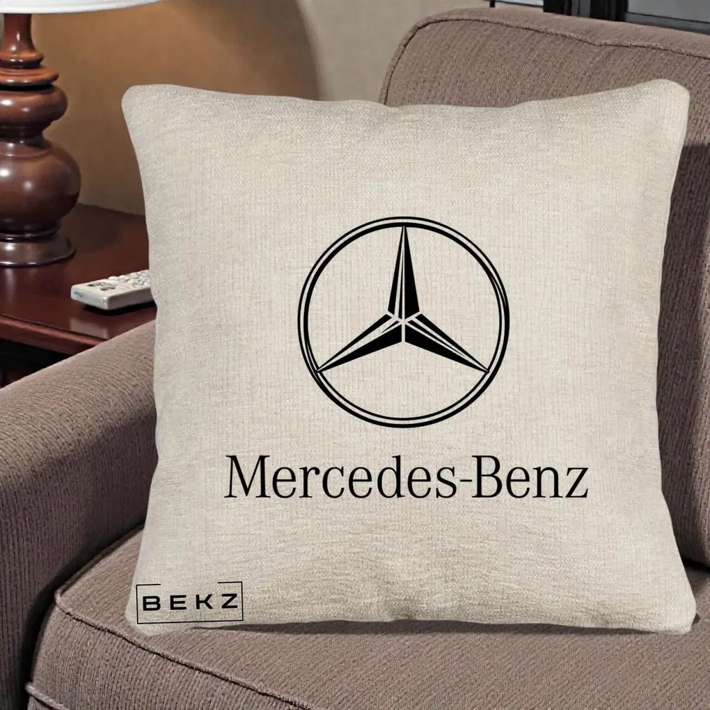 Perna Personalizata cu emblema Mercedes-Benz, 40x40 cm, Bej Canapea, Husa Detasabila, Perna Inclusa, BEKZ®