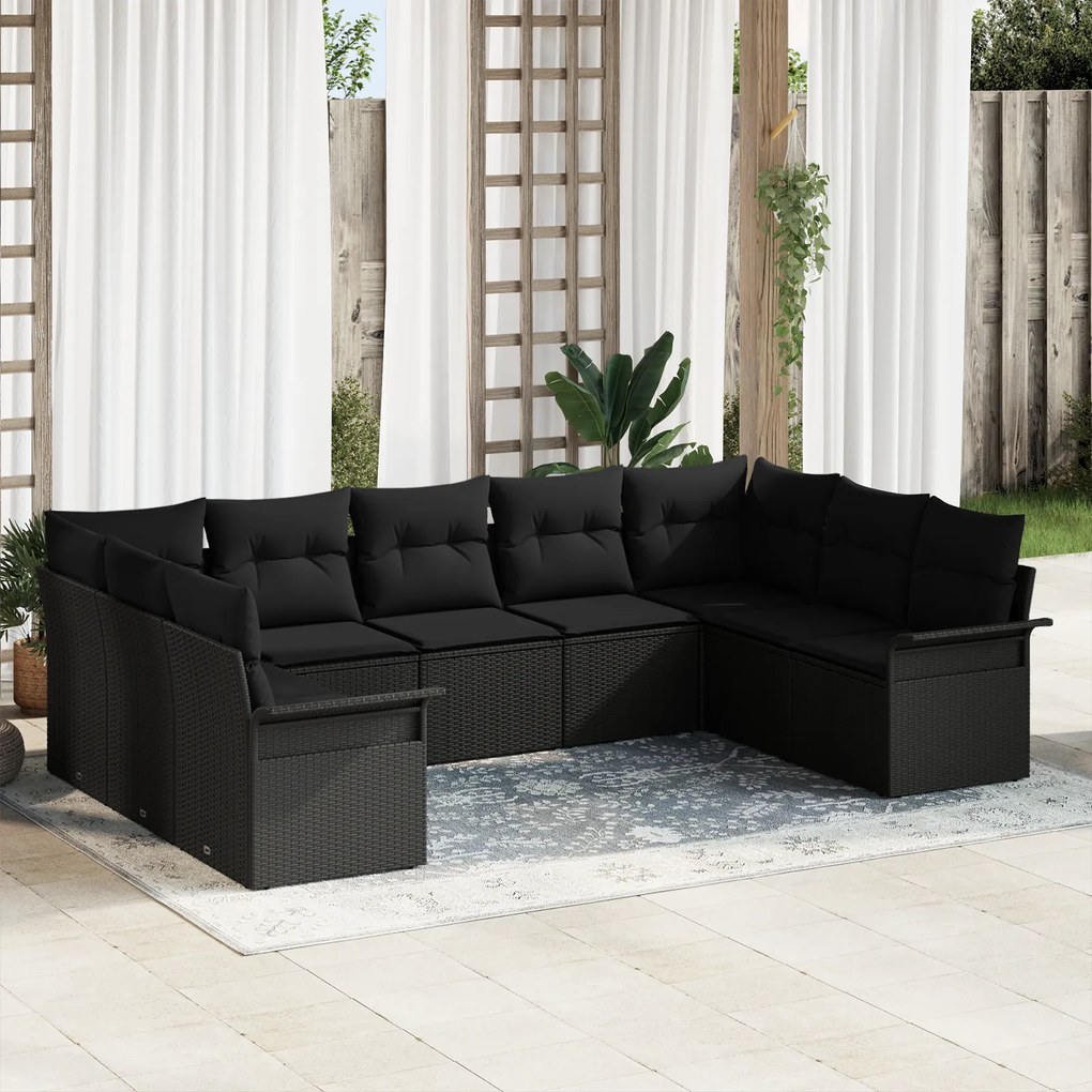 vidaXL Set de canapele pentru grădină cu pernă 9 pcs Negru Rattan poli