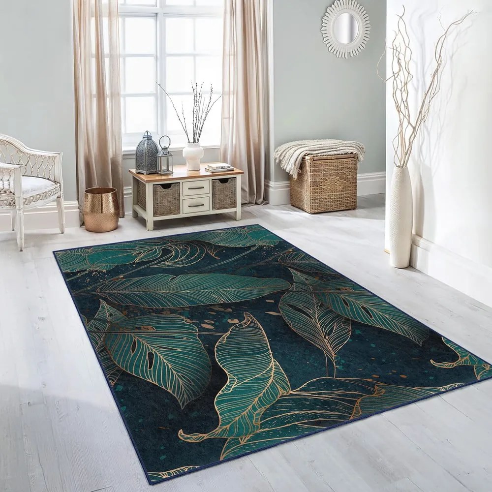 Covor tip traversă culoare petrol lavabil 80x200 cm Midnight Jungle – Mila Home
