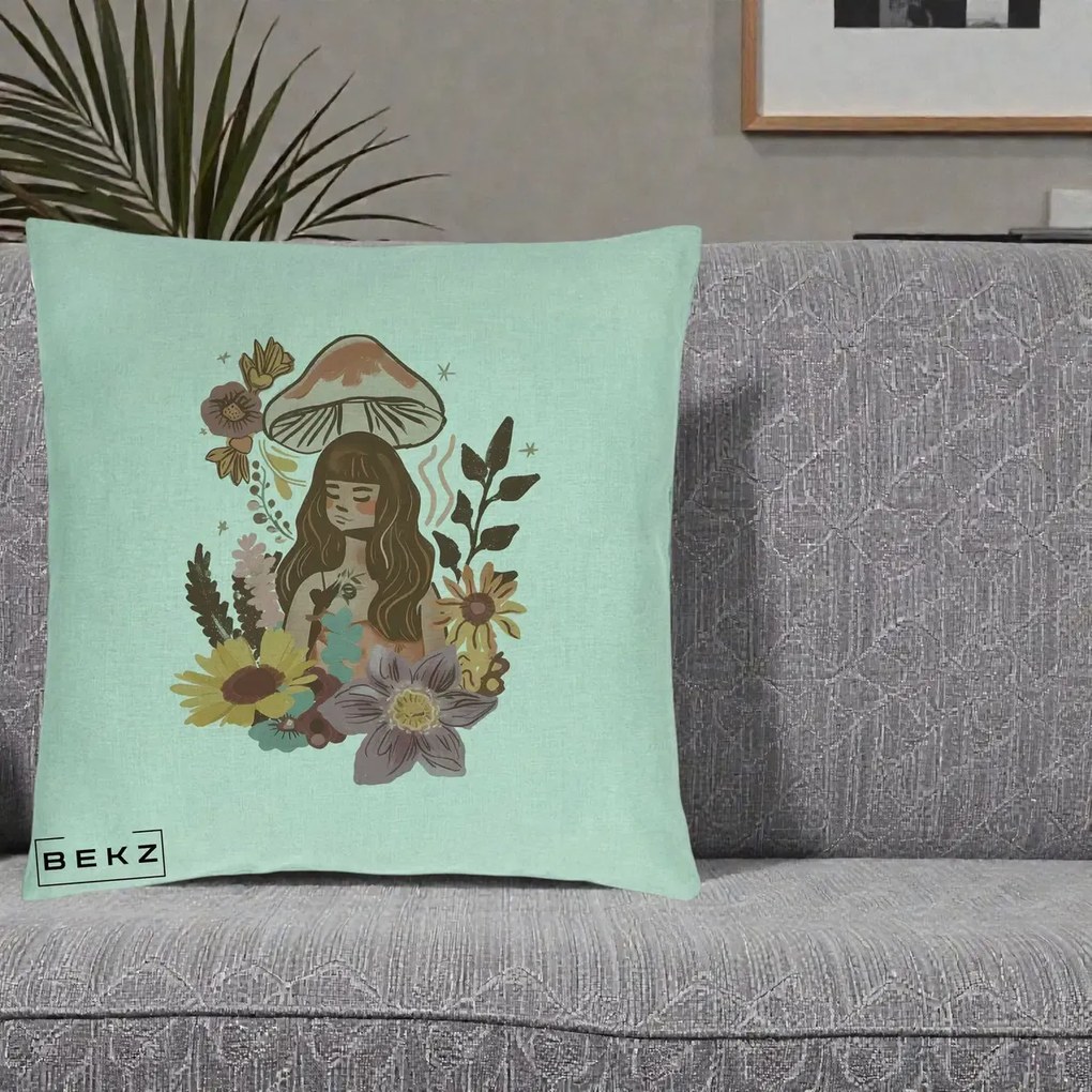Perna Decorativa Fata Ciuperca Boho Florala, 40x40 cm, Verde Menta, Husa Detasabila, Perna Inclusa, BEKZ®