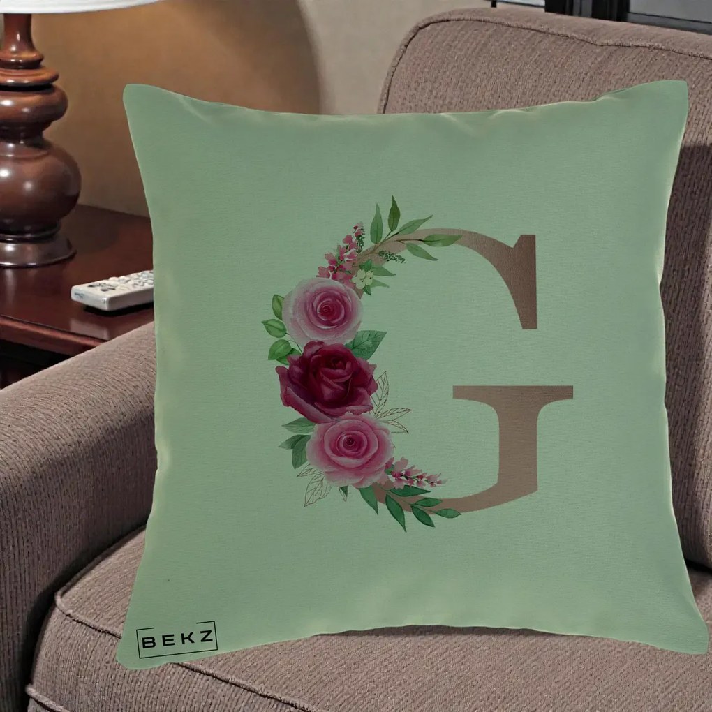 Cadou Personalizat - Perna Personalizata Monograma Rose Gold Litera G, 40x40 cm, Verde, Husa Detasabila, Perna Inclusa, BEKZ®