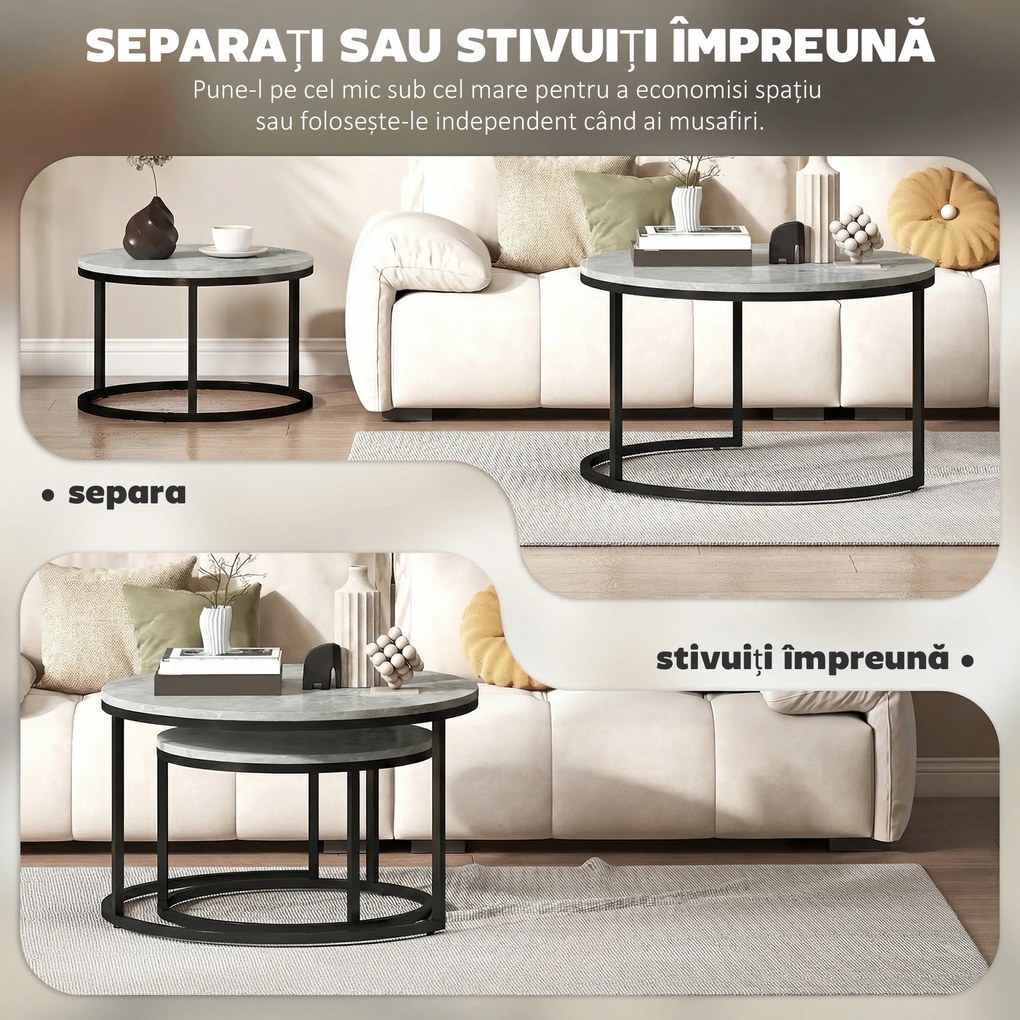 HOMCOM Set 2 măsuțe de cafea moderne, suprapuse, rotunde, gri marmorat | Aosom Romania