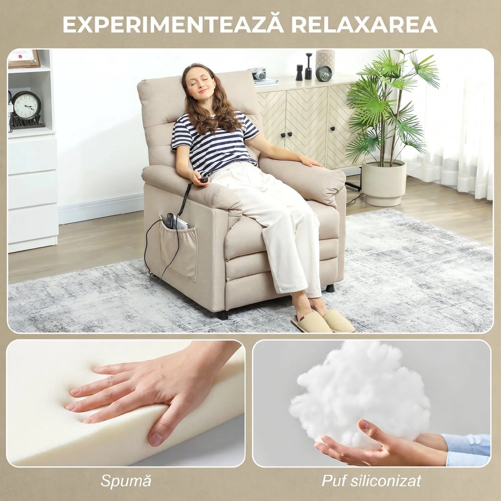 HOMCOM Fotoliu Relaxant Electric cu Masaj și Încălzire, cu Suport pentru Picioare, Silențios, Reclinabil 150° în Material Catifelat Prietenos cu Animalele, cu Funcție de Memorare, 2 Telecomenzi pentru Sufragerie, Bej | Aosom Romania
