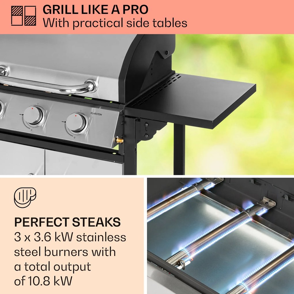 Tomahawk, grătar cu gaz, 3 arzătoare de 3,6 kW, 60 x 43,5 cm, grătar din oțel inoxidabil