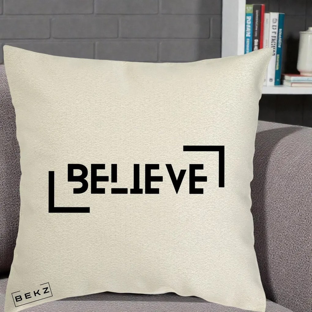 Perna Decorativa Believe Minimalist, 40x40 cm, Ecru, Husa Detasabila, Perna Inclusa, BEKZ®