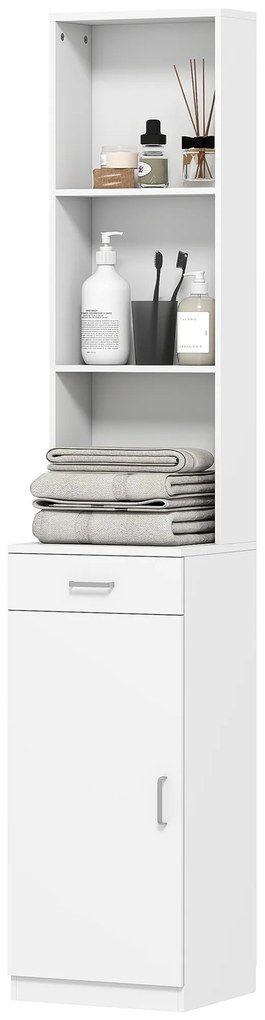 HOMCOM Dulap înalt pentru baie, design subţire, sertar, rafturi, dulap, placaj, alb | Aosom Romania