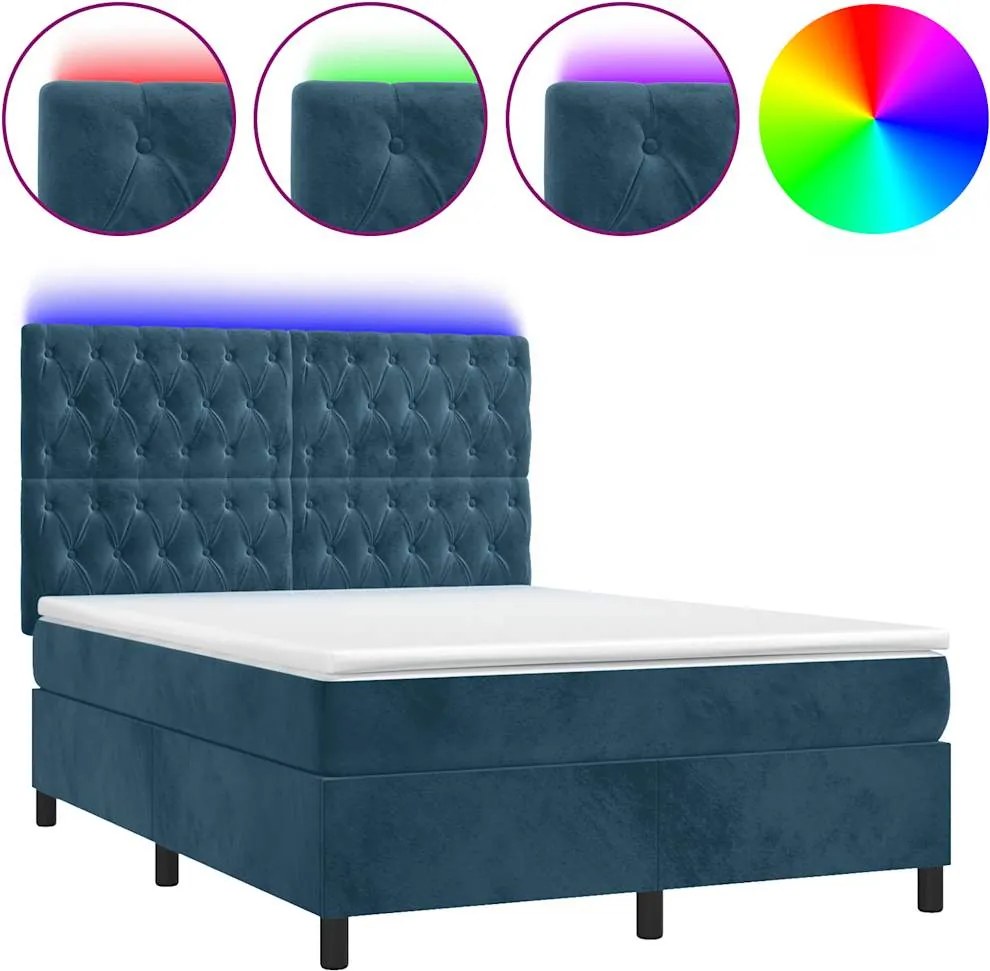vidaXL Pat cu arcuri, saltea și LED, bleumarin, 140x190 cm, catifea