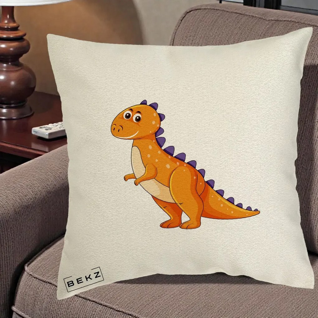 Perna Decorativa T-Rex Portocaliu, 40x40 cm, Ecru, Husa Detasabila, Perna Inclusa, BEKZ®