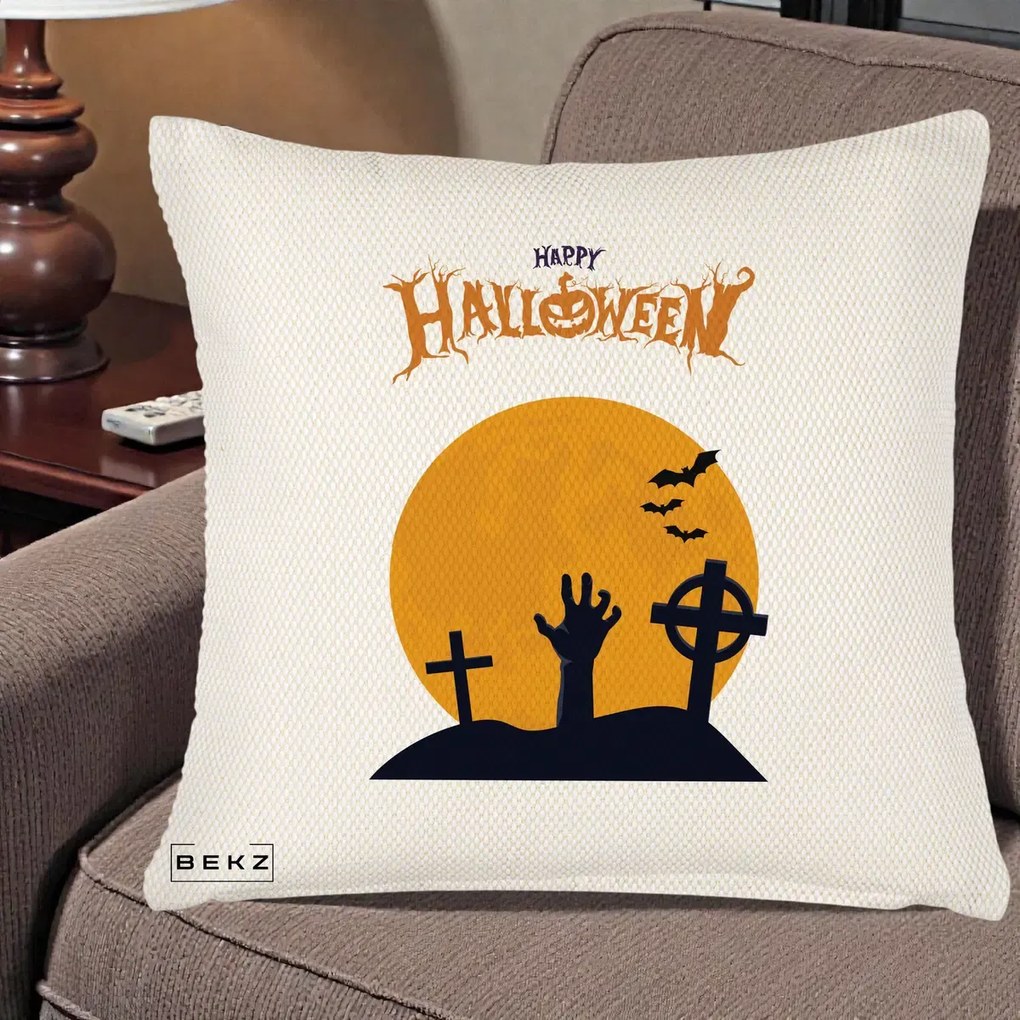 Perna Decorativa Happy Halloween Cimitir cu Luna, 40x40 cm, Crem Reliefat, Husa Detasabila, Perna Inclusa, BEKZ®