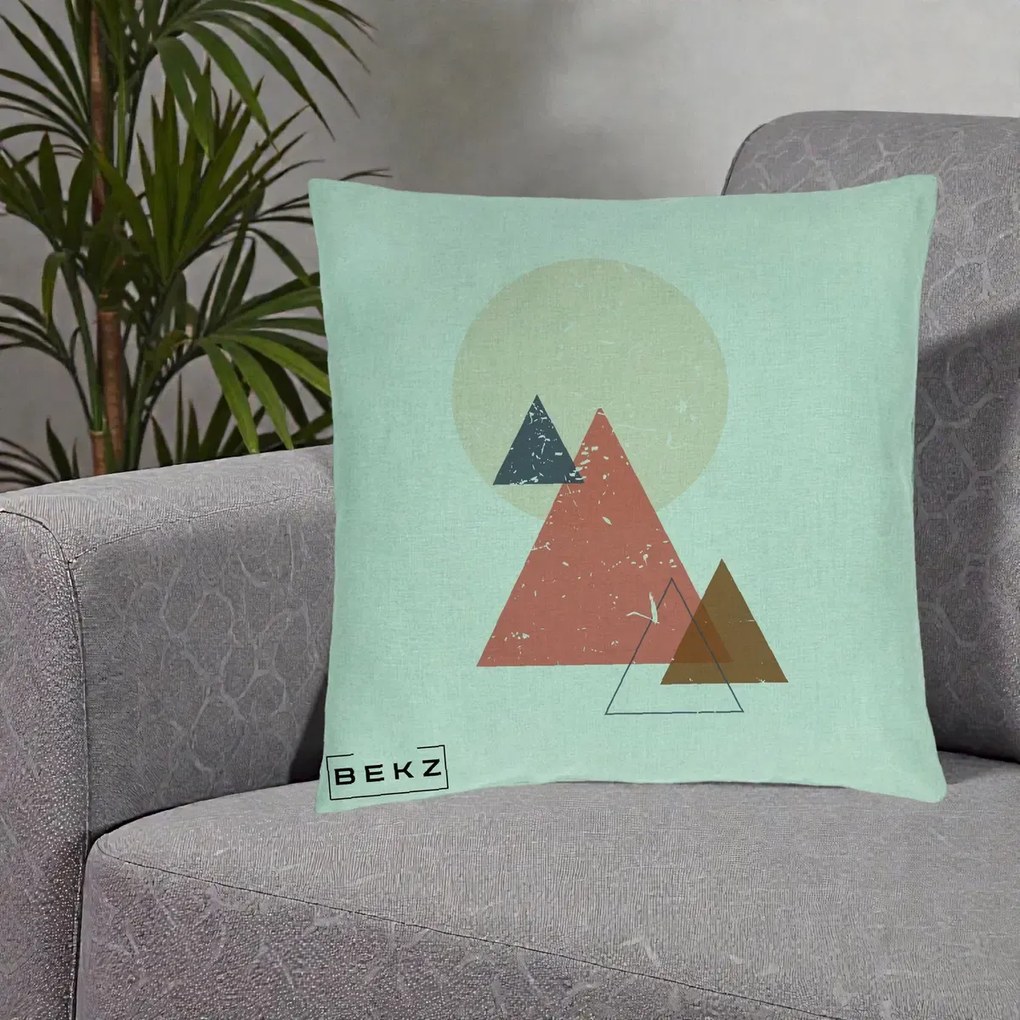 Perna Decorativa Geometric Munti si Soare, 40x40 cm, Verde Menta, Husa Detasabila, Perna Inclusa, BEKZ®