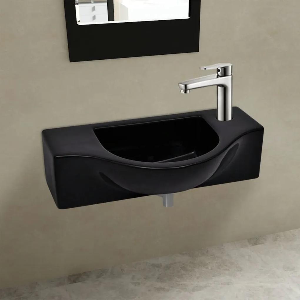 vidaXL Chiuvetă de baie din ceramică, gaură pentru robinet și preaplin, negru