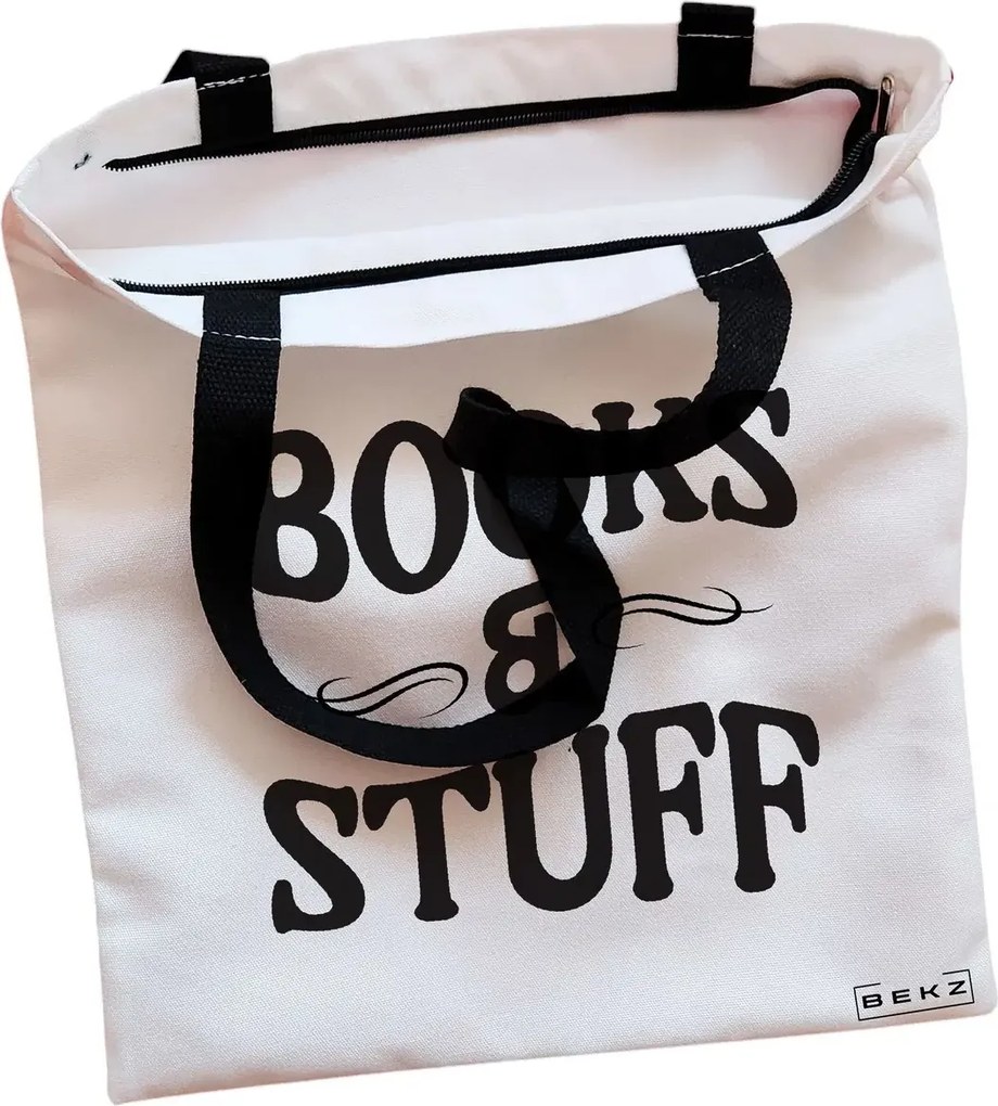 Sacosa de Panza pentru Cumparaturi, Geanta Tote, model Books and Stuff, Cu fermoar, 38x34.5 cm, Alba, BEKZ®