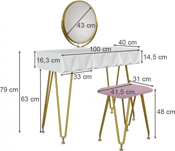 Masuta machiaj cu Oglinda LED si 3 Sertare pentru Cosmetice, Set Masa toaleta 100 cm, Alb, masuta cosmetica, vanity - SEA366