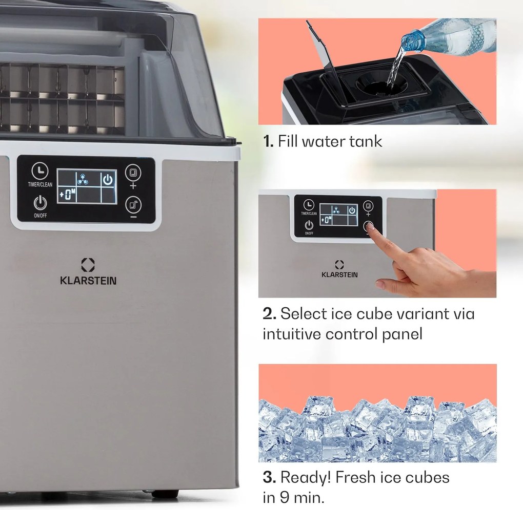 Klarstein Chios, aparat de făcut cuburi de gheață, 20 kg/24 h, Auto-Clean, rezervor de apă de 3,2 litri