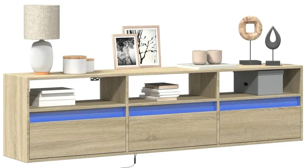 vidaXL Dulap TV de perete cu lumini LED, stejar sonoma, 180x31x45 cm