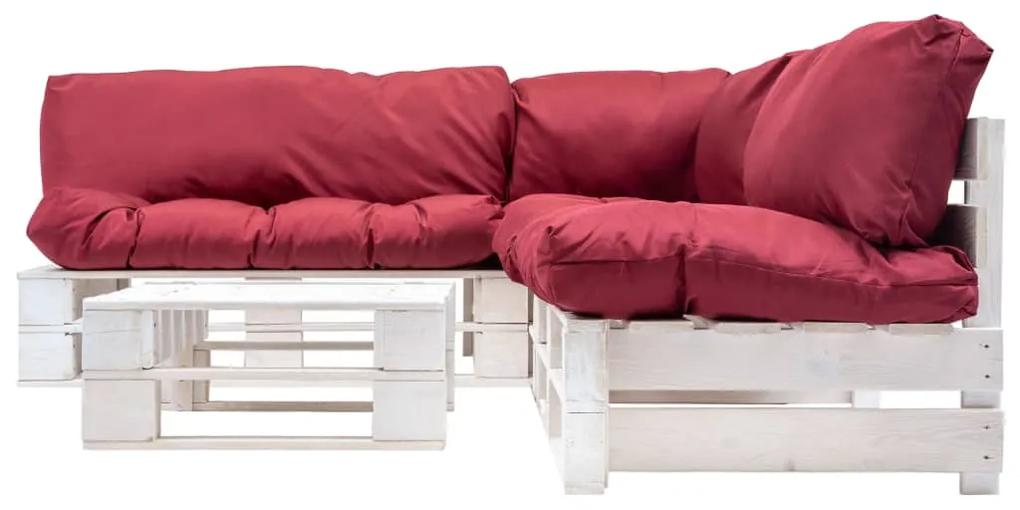 Set mobilier gradina din paleti cu perne rosii, 4 piese, lemn alb si rosu, 4