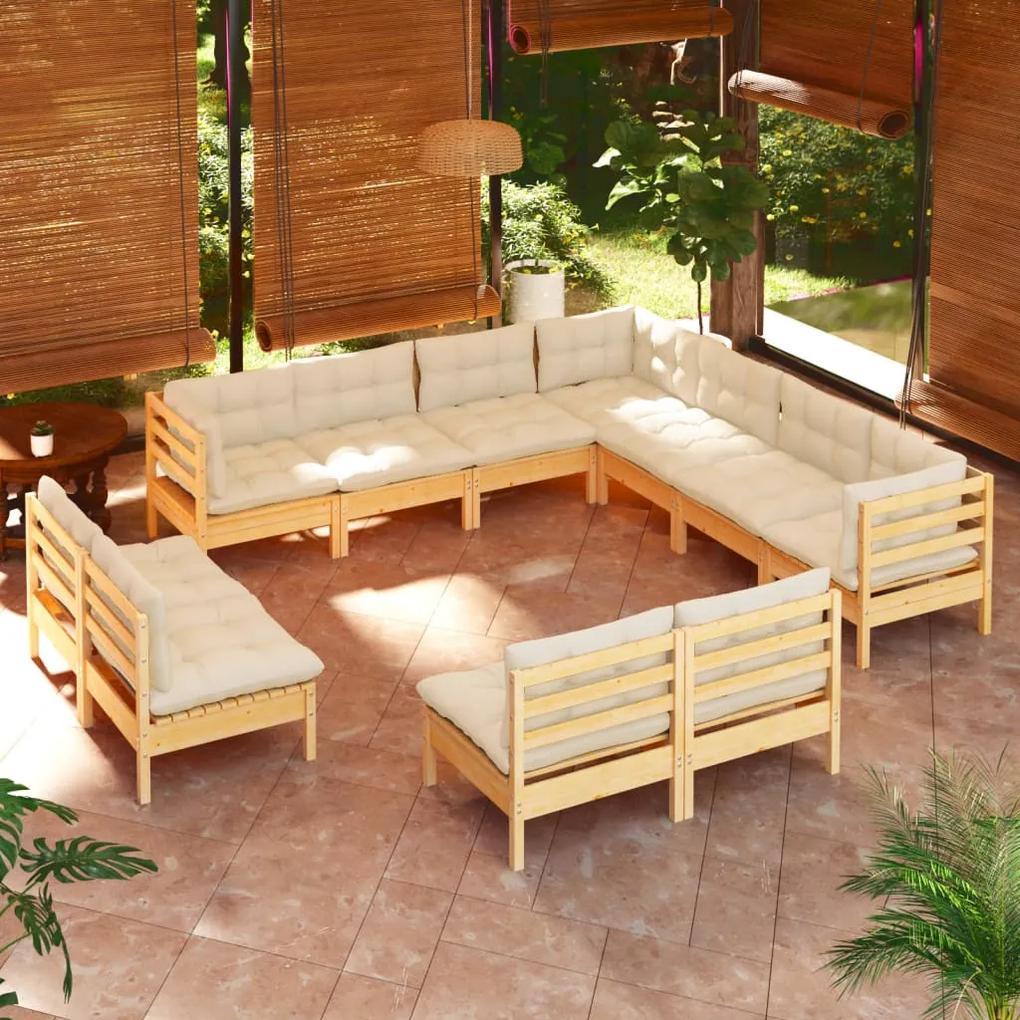 3096863 vidaXL Set mobilier grădină cu perne crem, 11 piese, lemn masiv de pin