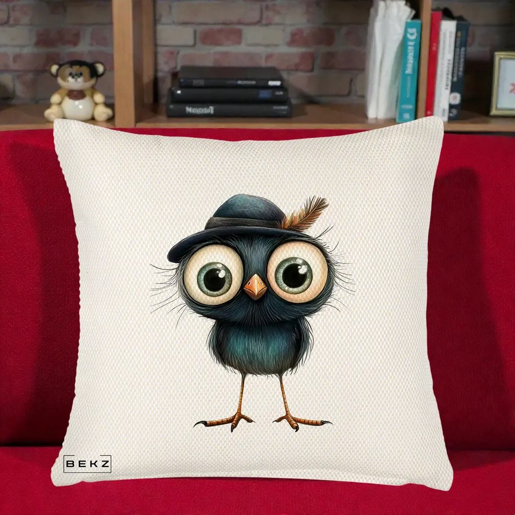 Perna Decorativa Pui Misterios cu Palarie Neagra, 40x40 cm, Crem Reliefat, Husa Detasabila, Perna Inclusa, BEKZ®