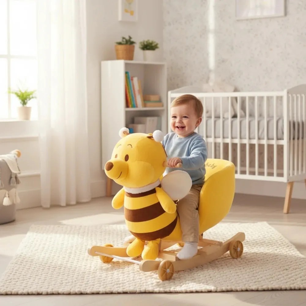 Balansoar Muzical 2 in 1 din Plus cu Roti, NOVOKIDS™ Happy Bouncer Bear, Dimensiuni 58x50x30 cm, model Ursulet galben