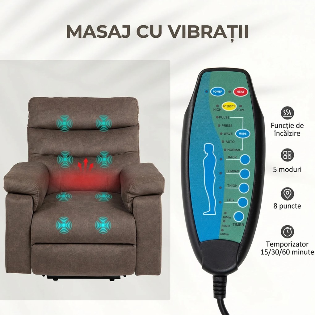 HOMCOM Fotoliu Reclinabil cu Masaj, Încălzire și Ridicare Asistată, Maro Închis | Aosom Romania