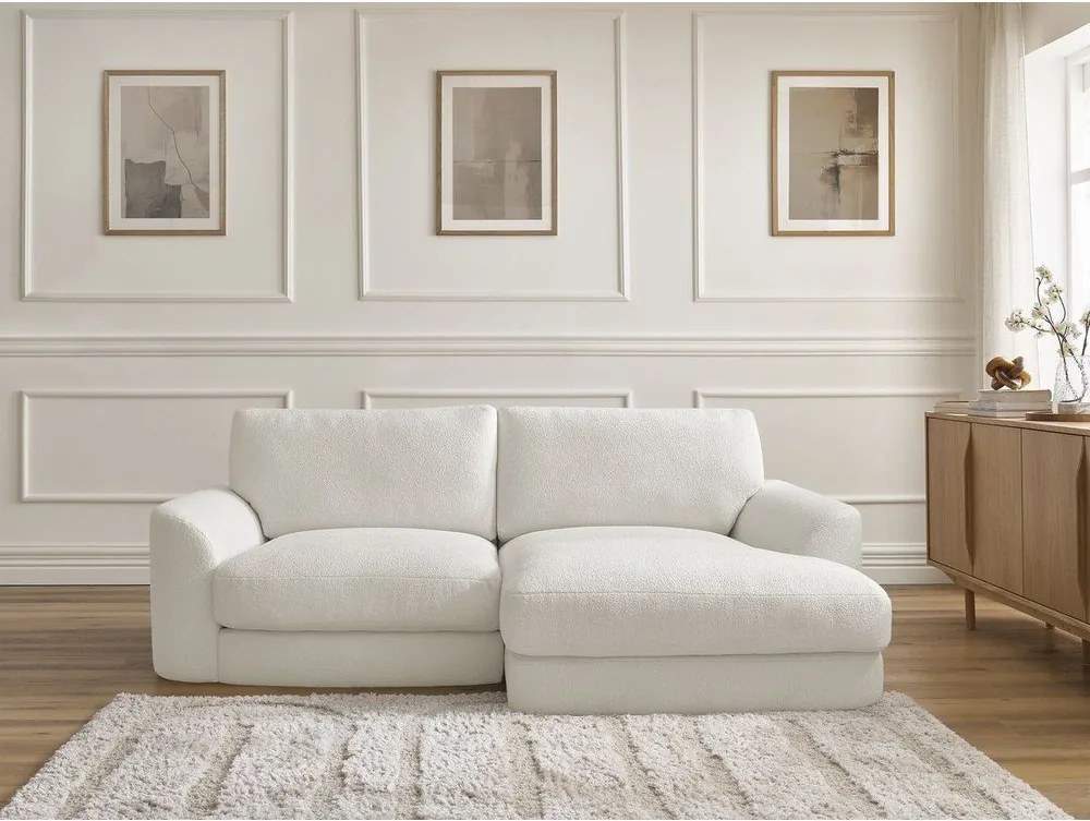 Colțar alb cu tapițerie din țesătură bouclé (cu colț pe partea dreaptă/cu șezlong) Leonore – Bobochic Paris