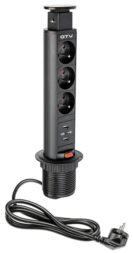 Priza turn incastrabila in blat, 3 prize schuko 2 USB 5V 2.1A, cablu 1.5m, neagra, GTV