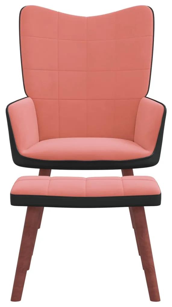 Scaun de relaxare cu taburet, roz, catifea si PVC 1, Roz, Cu suport de picioare
