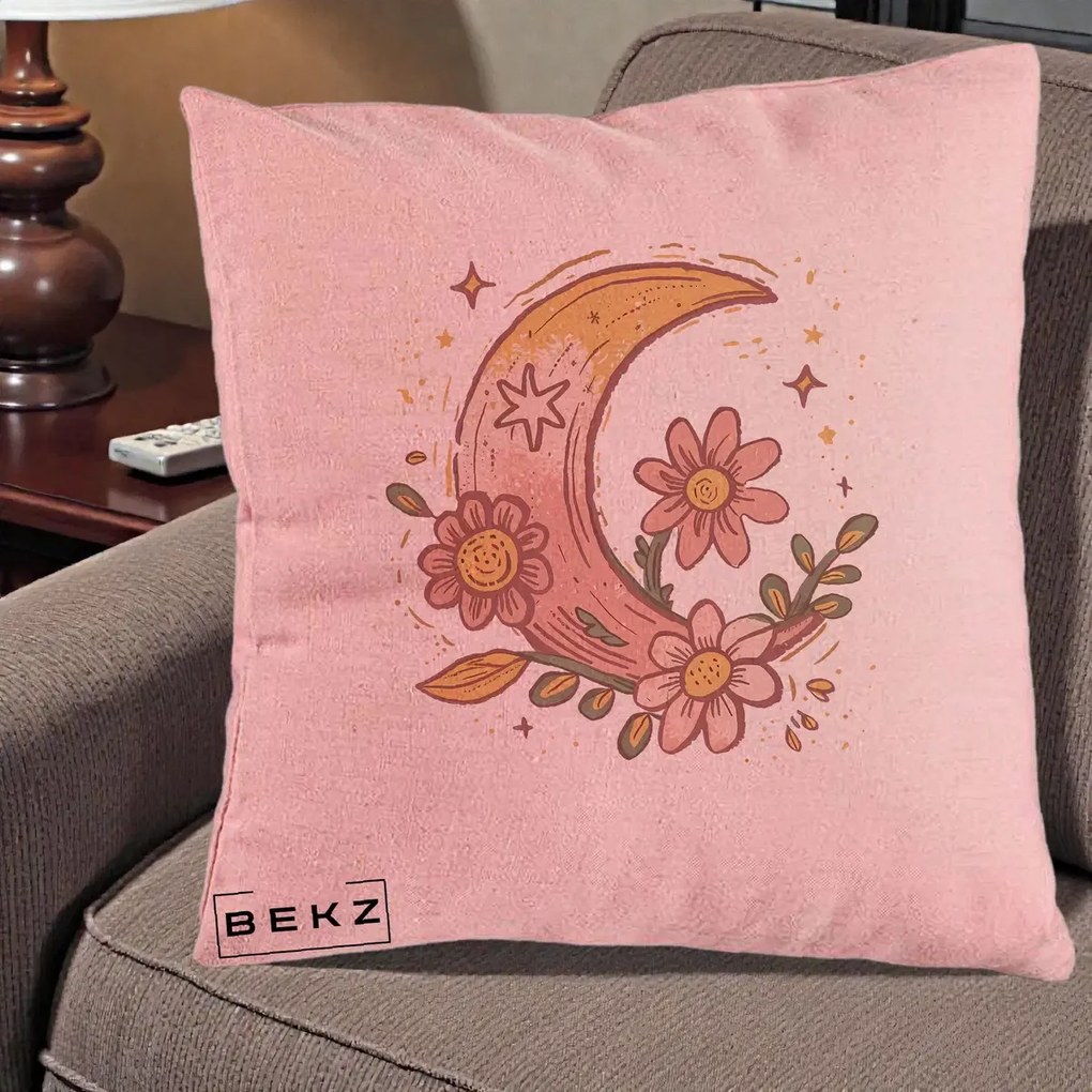 Perna Decorativa Luna Florala Boho, 40x40 cm, Roz, Husa Detasabila, Perna Inclusa, BEKZ®