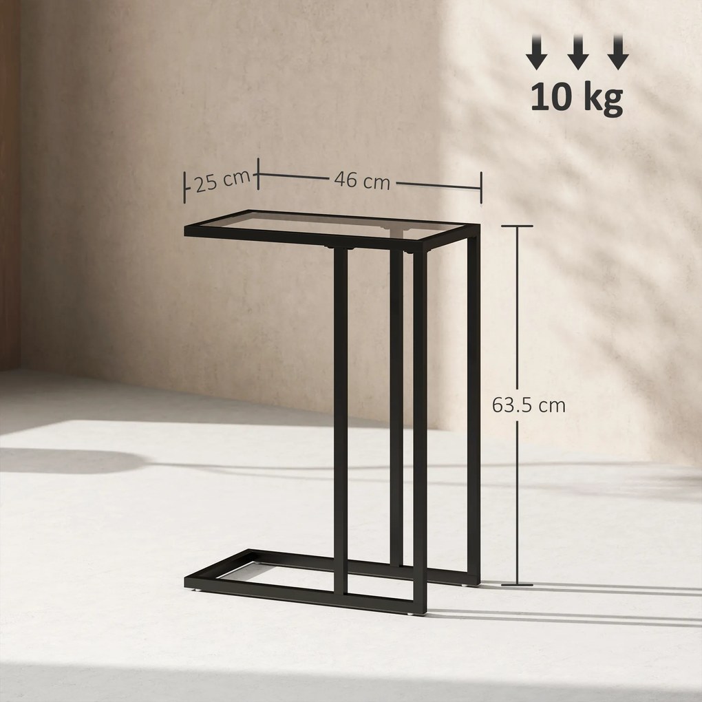 HOMCOM Măsuță de Cafea în Formă de C din Sticlă și Oțel, 46x25x63.5 cm, Negru | Aosom Romania