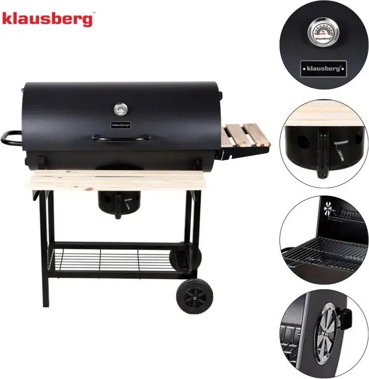 Gratar pe carbuni Klausberg KB 9033, Capac cu inchidere, Termometru, Suporturi laterale, Sertar pentru cenusa, Roti, Otel, Negru