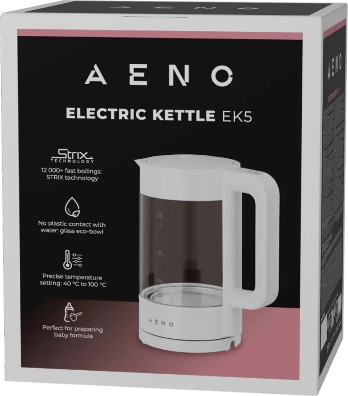 Cana electrica AENO AEK0005, 2200 W, 1,7 l, 40-100 °C, Baza rotativa la 360°, STRIX, Afisaj LED, Filtru, Alb