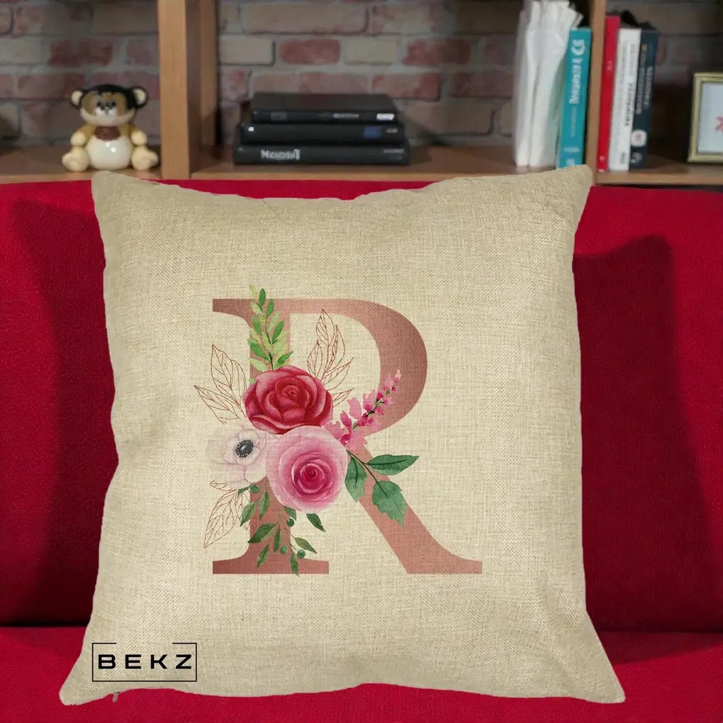 Cadou Personalizat - Perna Personalizata Monograma Rose Gold Litera R, 40x40 cm, Crem, Husa Detasabila, Perna Inclusa, BEKZ®