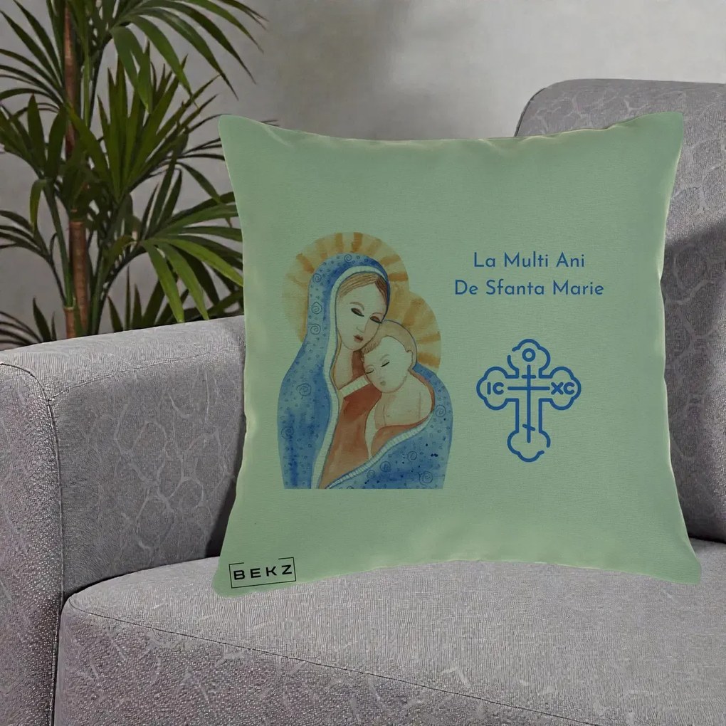 Cadou de Onomastica - Perna Personalizata Sfanta Marie Icoana Acuarela, 40x40 cm, Verde, Husa Detasabila, Perna Inclusa, BEKZ®