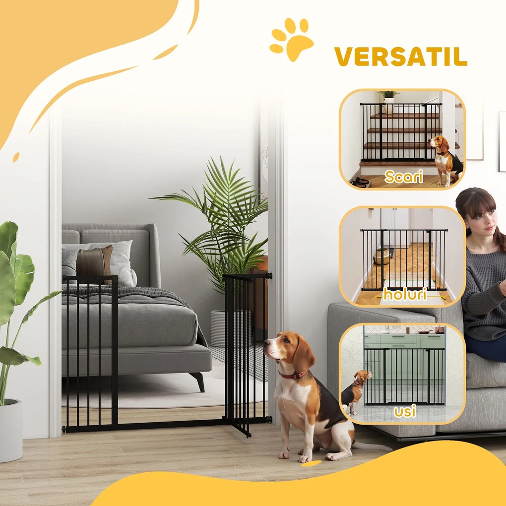 PawHut Poartă pentru Câine Extensibilă cu Deschidere Amplă, Poartă de Siguranță din Oțel și Plastic, 76-107x76 cm, Negru | Aosom Romania