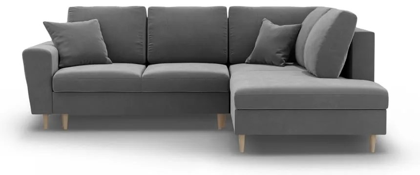 Colțar gri deschis extensibil, cu spațiu de depozitare cu tapițerie din catifea (cu colț pe partea dreaptă-în formă de ”L”) Kyoto – Cosmopolitan Design