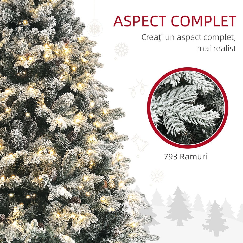 HOMCOM Brad de Crăciun Artificial cu 200 luminițe LED, 793 Ramuri, Crengi Pliabile și Bază Pliabilă, Ø116x180 cm, Verde | Aosom Romania