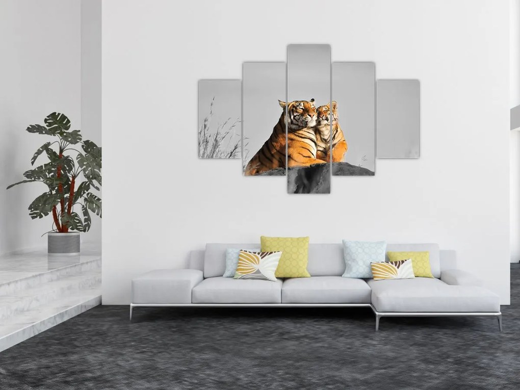 Tablou - Tigroaica cu pui, versiunea alb-negru (150x105 cm)