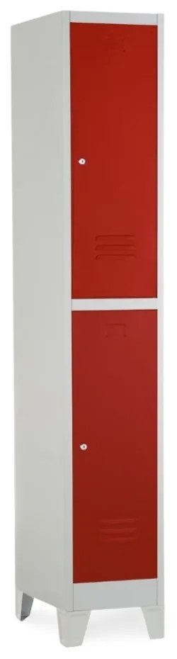 Dulap metalic - 2 cutii, 38 x 45 x 195 cm, picioare fixe, încuietoare cilindrică, roșu - ral 3000