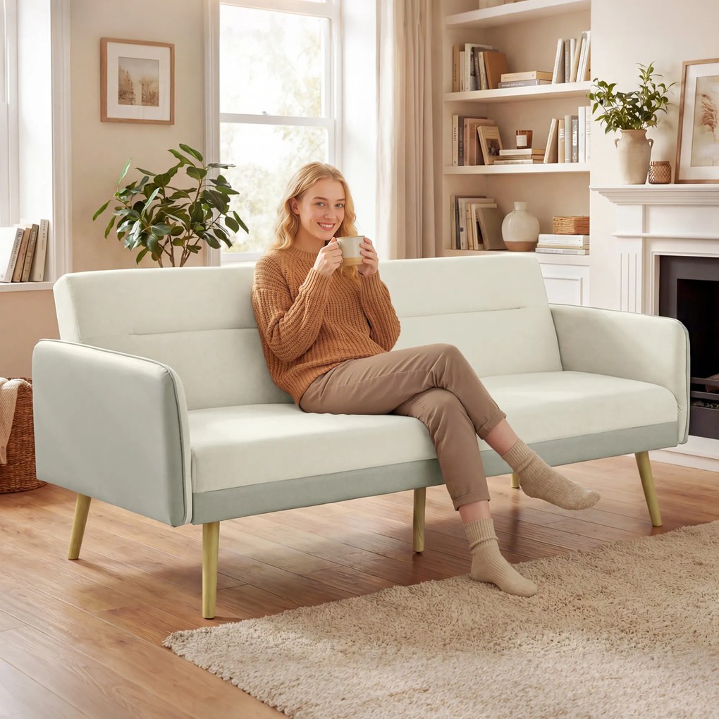 HOMCOM Canapea Extensibilă 3 Locuri Convertibilă cu Cotiere din PU, Colțar Reclinabil Clic Clac în Catifea cu Picioare Metalice și Cadru din Lemn, pentru Living sau Dormitor, 185x84x83 cm, Bej | Aosom Romania