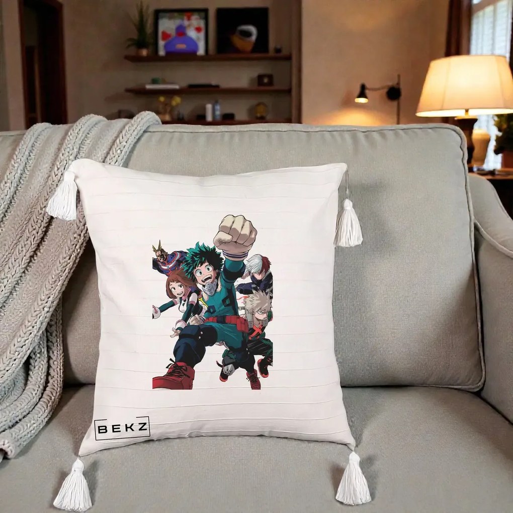 Perna Personalizata My Hero Academia Izuku Deku si Echipa, 40x40 cm, Bej cu Franjuri, Husa Detasabila, Perna Inclusa, BEKZ®