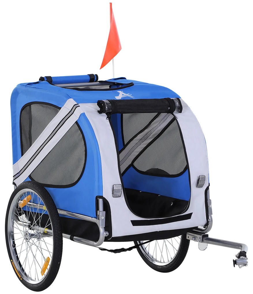 PawHut Remorcă bicicletă pentru câine animale 8 reflectoare steag bară de remorcare inclus 130 x 73 x 90 cm alb și albastru | Aosom Romania