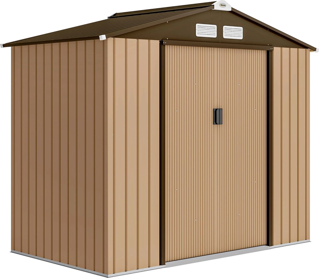 Outsunny Șopron de grădină exterior 2,42 m² 213x130x185 cm cu ușă culisantă, ventilație și kit de fundație, galben | Aosom Romania