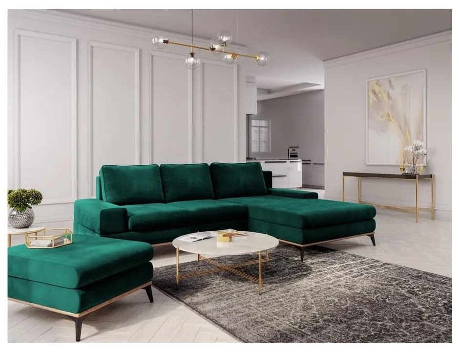 Colțar extensibil cu tapițerie de catifea și șezlong pe partea dreaptă Windsor & Co Sofas Astre, verde smarald