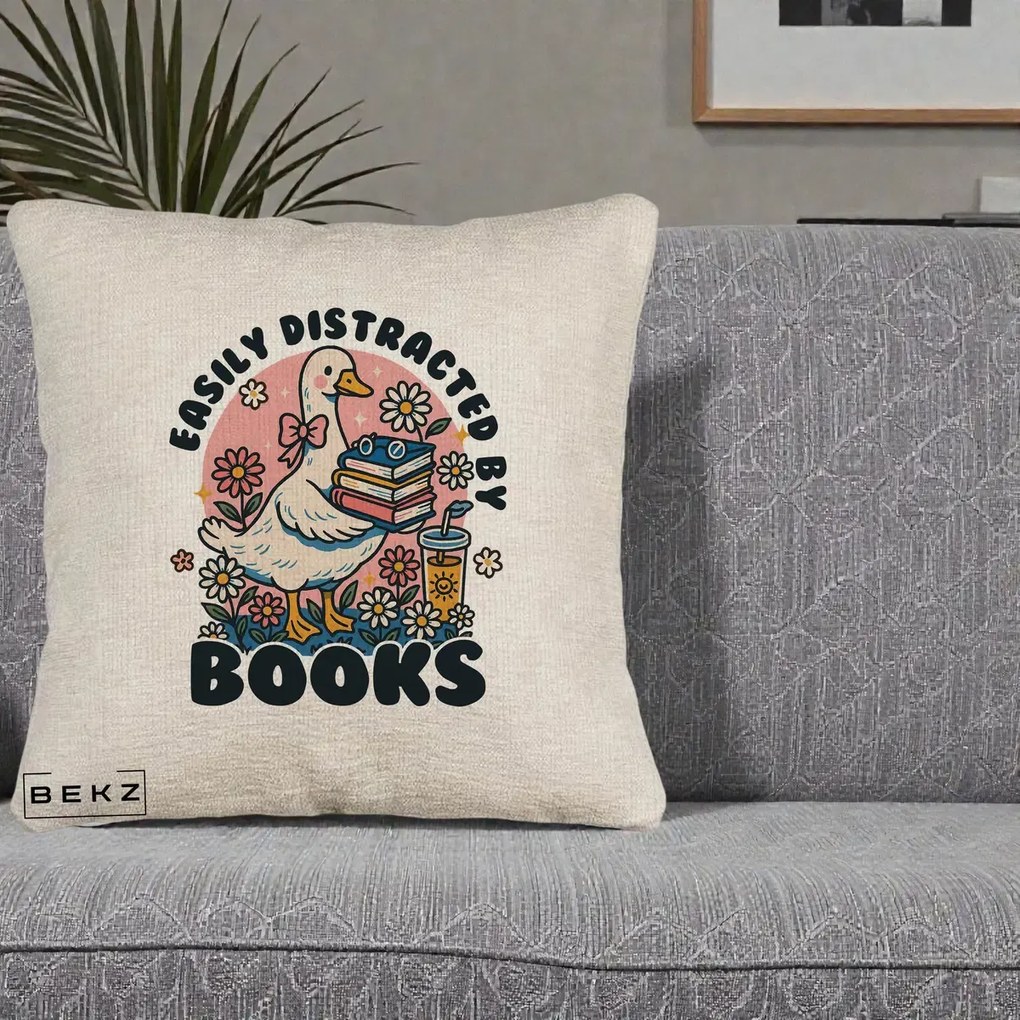 Perna Personalizata Easily Distracted by Books, 40x40 cm, Bej Canapea, Husa Detasabila, Perna Inclusa, BEKZ®