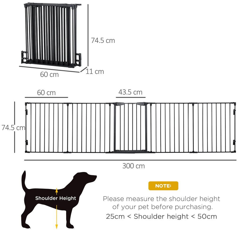 PawHut Poartă pentru Câini de Talie Mică și Medie, Țarc Pliabil cu Structură Modulară cu 5 Panouri, 300x3x74.5 cm, Negru | Aosom Romania