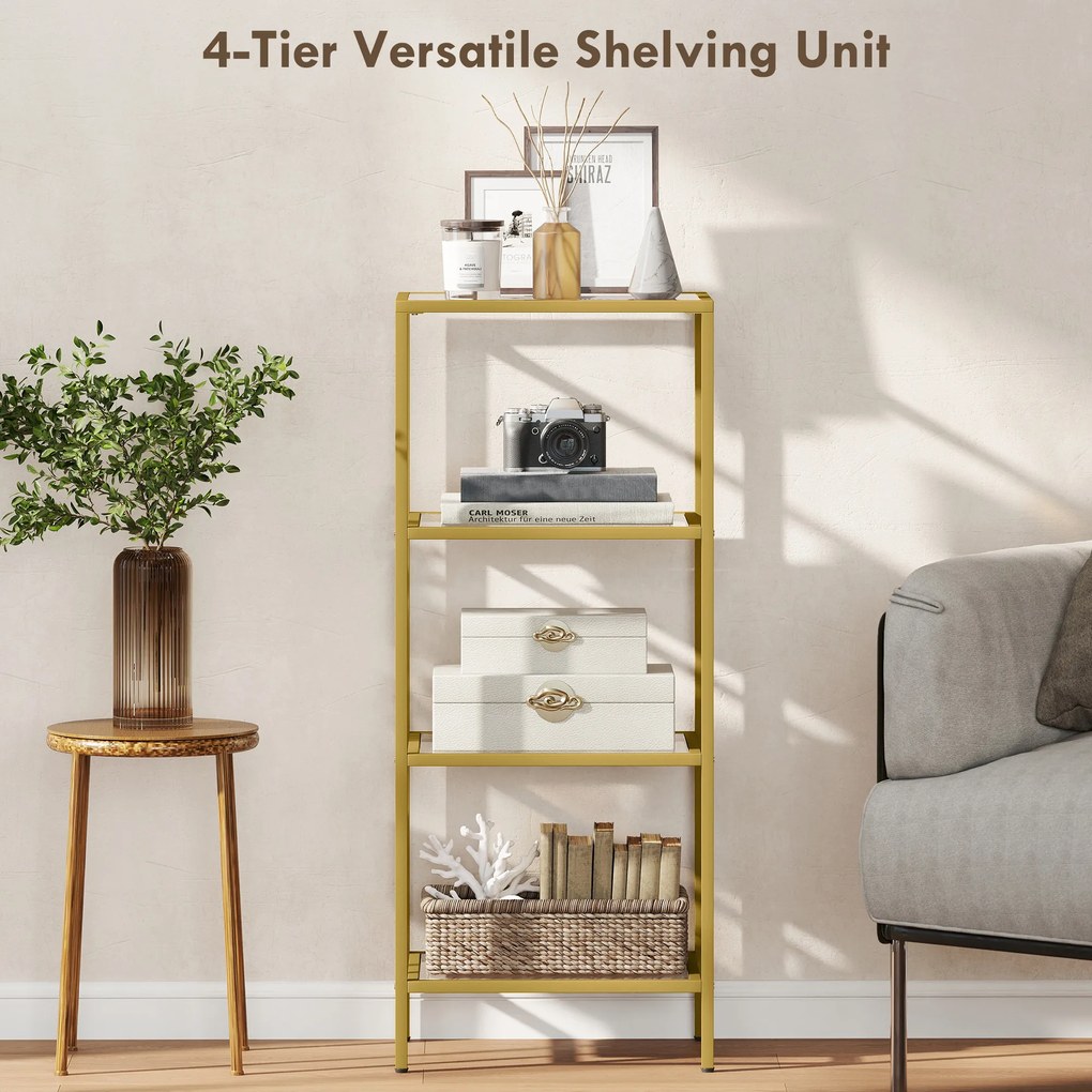 HOMCOM Unitate de Rafturi cu 4 Nivele, Raft de Sticlă, Raft de Stocare Vertical pentru Sufragerie, Birou Acasă, Dormitor, Baie, Tonuri de Aur | Aosom Romania