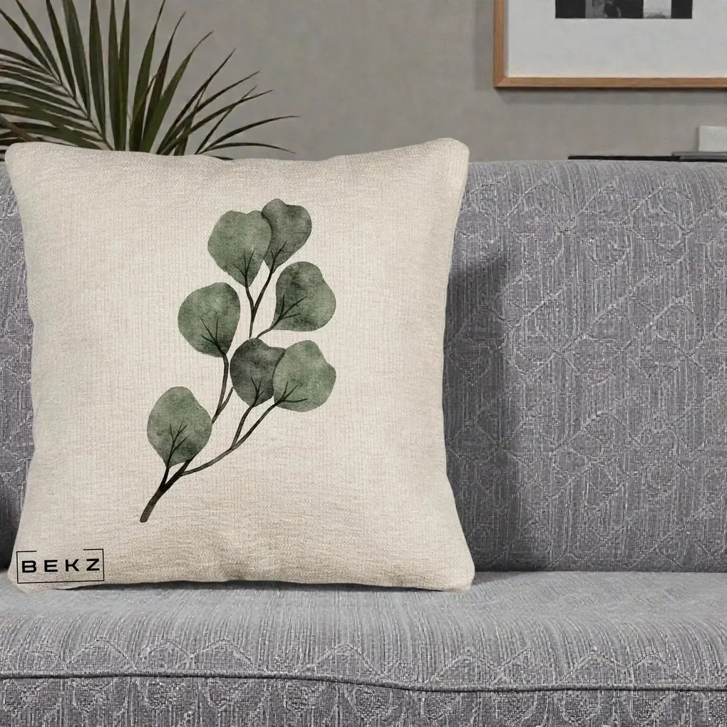 Perna Decorativa Ramura Eucalipt Acuarela, 40x40 cm, Bej Canapea, Husa Detasabila, Perna Inclusa, BEKZ®