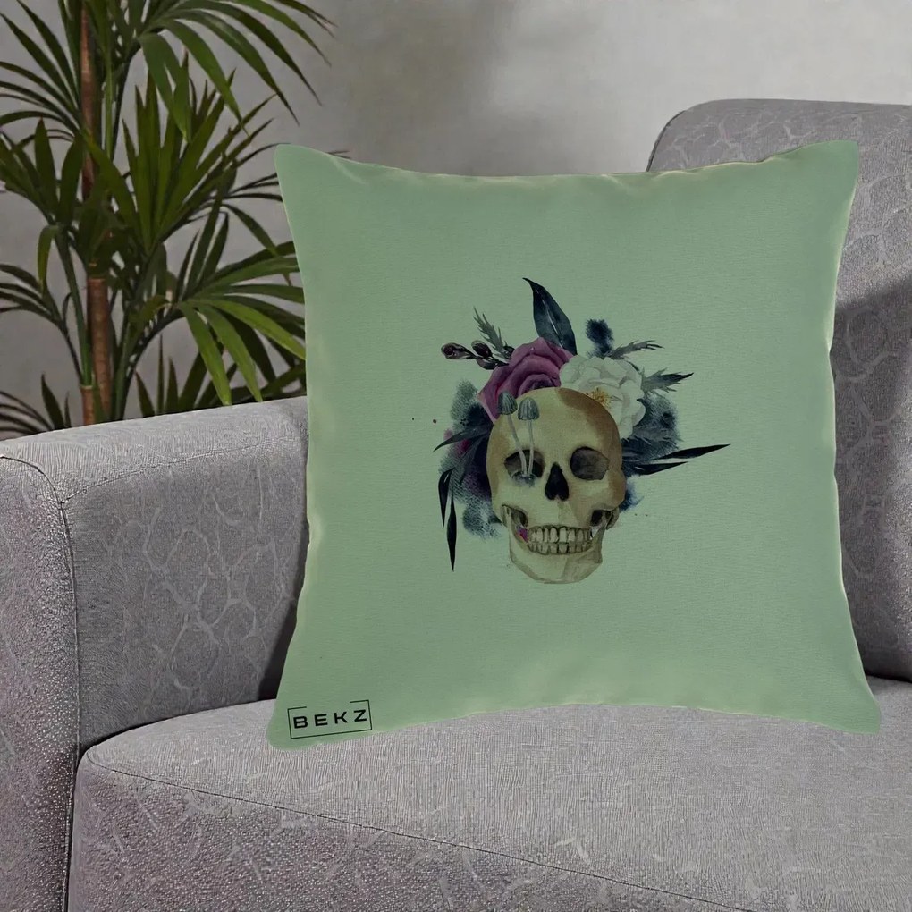 Perna Decorativa Craniu Floral cu Trandafiri si Ciuperci, 40x40 cm, Verde, Husa Detasabila, Perna Inclusa, BEKZ®