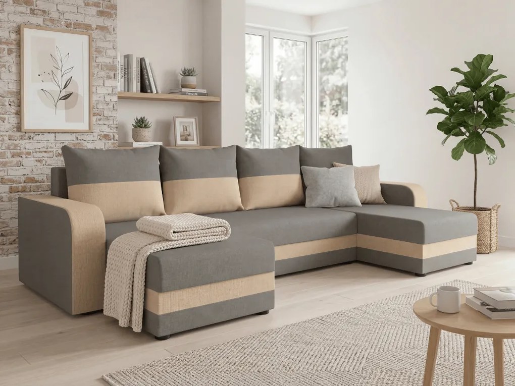 Coltar extensibil in forma de U VALERIO 305x140 cm, gri deschis/bej