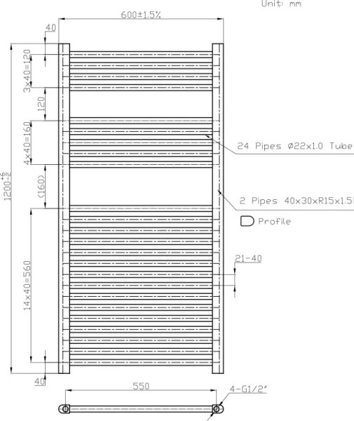 Novaservis - Radiator baie tip scară, 644W/230V, 120x60 cm, alb, drept